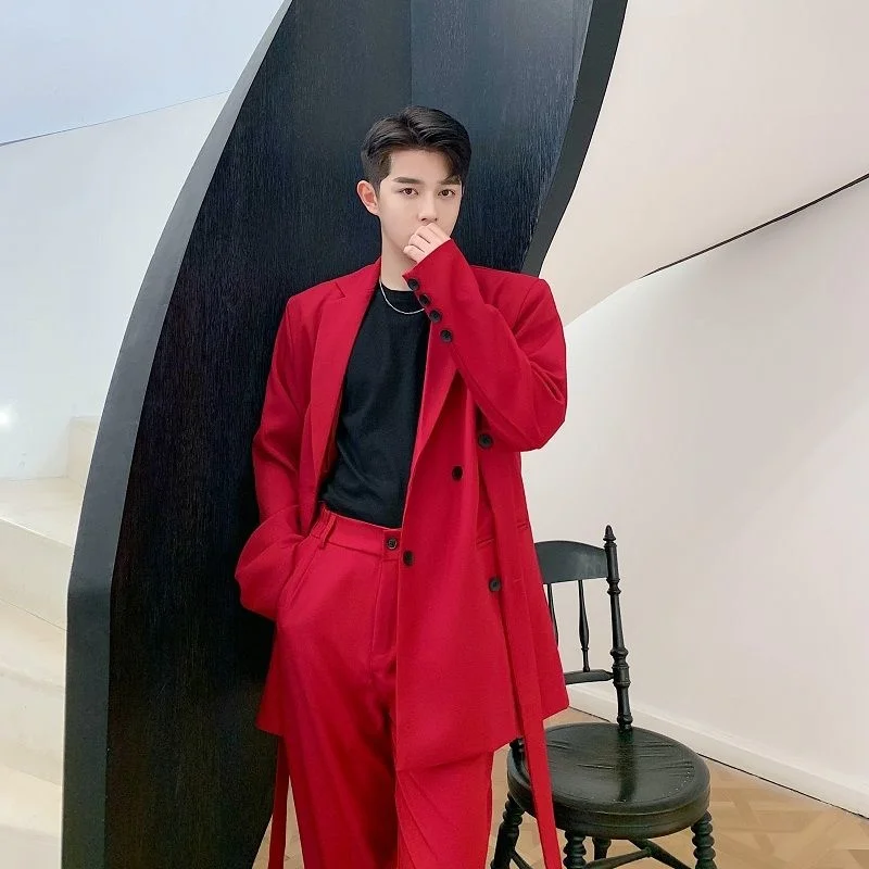 Clothing Men's Red Temperament Show Ribbon Design Mid Length Suit Coat Single Breasted 2022 New Long Sleeve Blazer 2Y8083