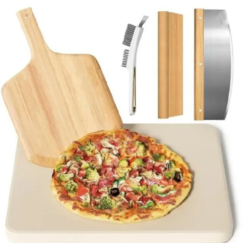 13‑Pcs Pizza Baking Pan Set with Wooden Peel, Cordierite Pizza Stone & Long Cutter