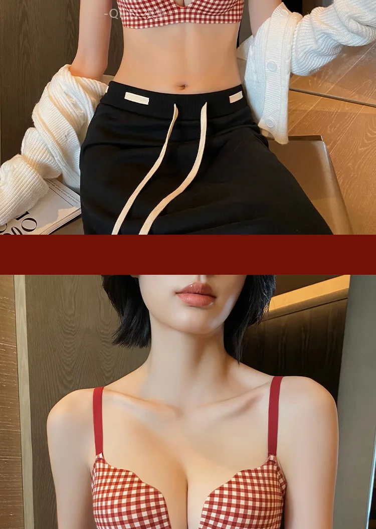 FallSweet Klassischer kabelloser Push-up-BH für Frauen mit kleiner Brust, nahtloser rot karierter Bralette, bequeme Dessous, Damen-BH – Detail 26