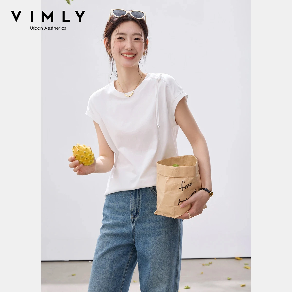 VIMLY Women's White 100% Cotton T-Shirt 2026 Summer Top Woman Fashion Pendant Frog Button Design Loose Sleeveless Top A5383