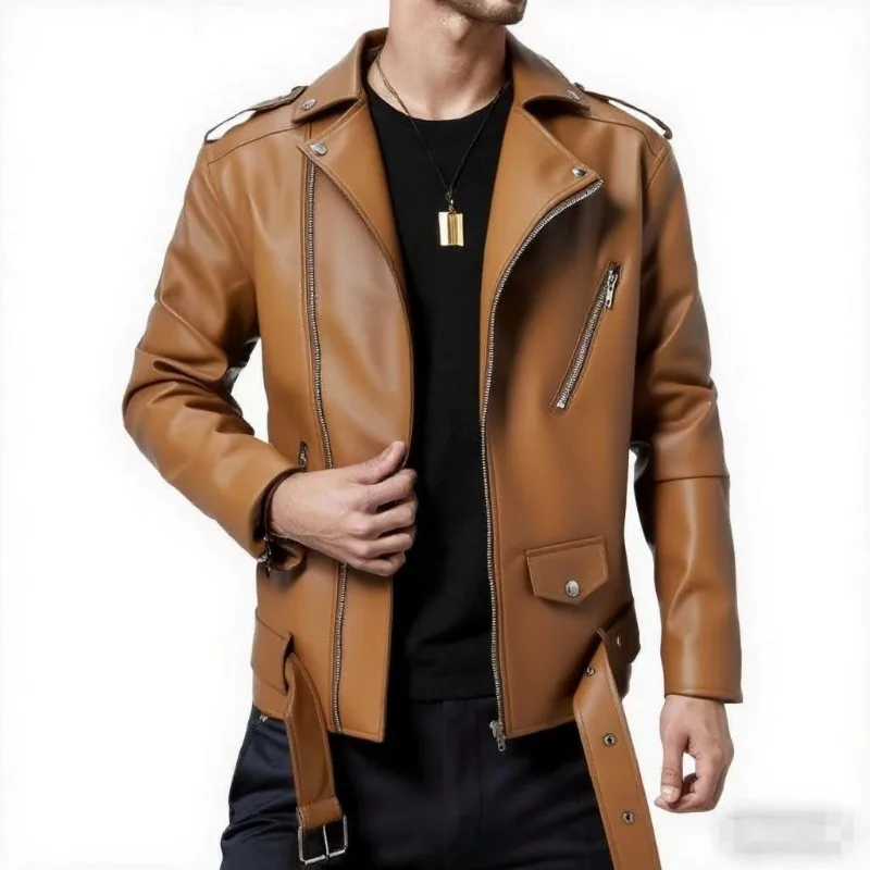 

Men's PU Jackets Solid Slim Faux Leather Jacket Spliced Pockets Adjustable Hem Big Lapels Designs Men's Clothing Large Size 5XL