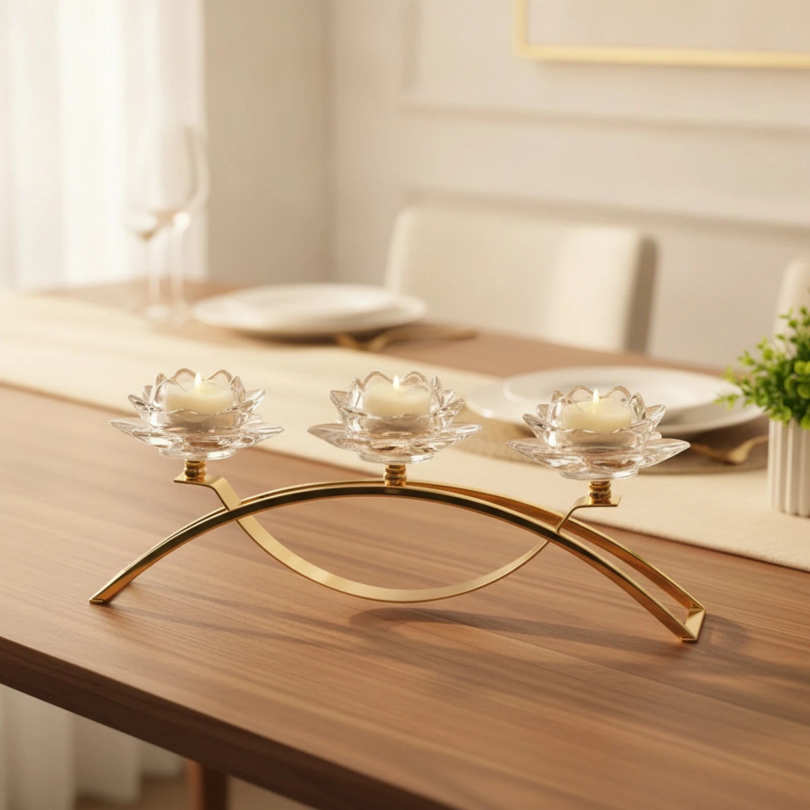 Bridge Candle Holder Lotus-Shaped 3-Candle Holder Candelabra with Glass Cups Gold Three-Arm Candelabra Arched for Brides