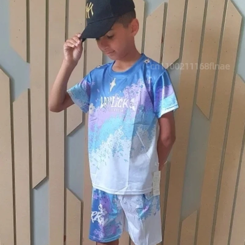 남아 여름 스트릿 댄스 반팔 세트 2025 신상 중대형 아동 그라데이션 스포츠 세트 통기성 속건 운동복