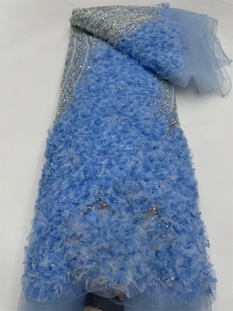 

Latest Popular Africa Embrordered Tulle Net Lace With Beads French High Quality Mesh 3D Flower Fabric Party Evening Dress