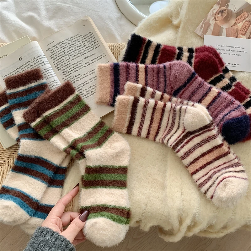 Autumn Winter Warm Plush Socks Mink Velvet Vintage Candy Color Matching Striped Girls' Mid-tube Sock