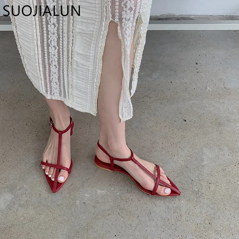 SUOJIALUN 2022 New Brand Women Sandal Fashion Narrow Band Flat Heel Ladies Gladiator Shoes Pointed Toe Ankle Buckle Zapatos Muje