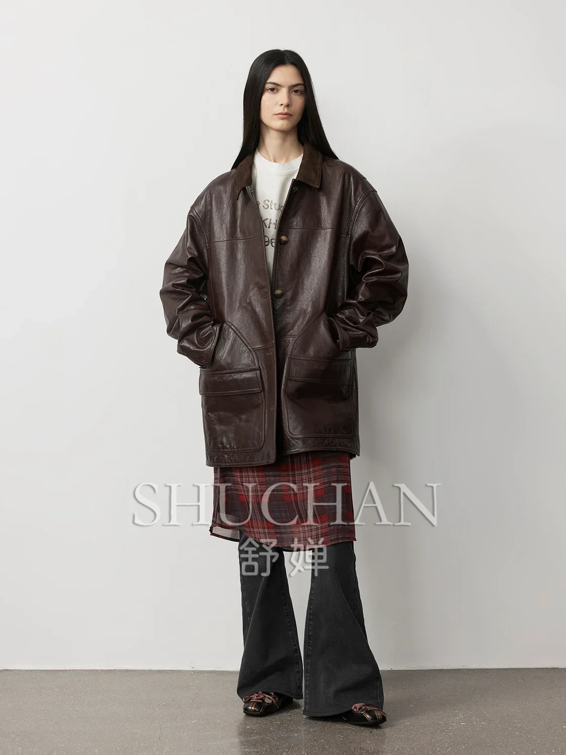 New American Retro New Zealand Imported Wax Sheepskin Medium and Long Leather Jacket Women New 2024