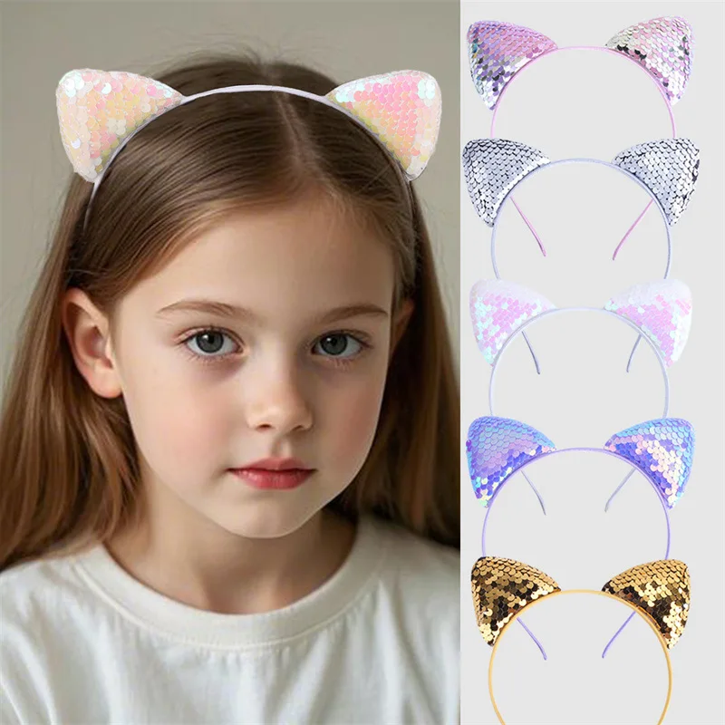 

5pcs/setEveryday Sweet Cat Ear Headband – Sparkly Sequins & Cute Cartoon Design for Effortless, Playful Style.