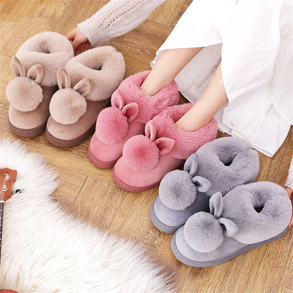 Women Winter Warm Home Slippers Couples Cartoon Cute Rabbit Floor Slides Non-Slip Soft House Shoes Ladies Indoor Bedroom Slipper