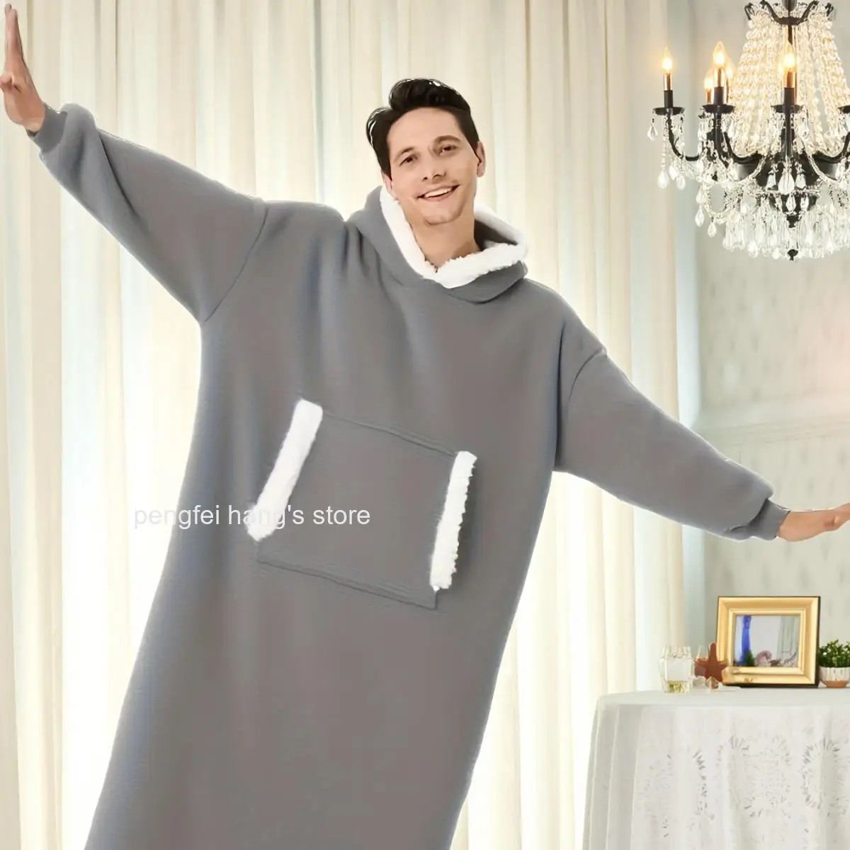 Unisex Autumn Winter Hooded Flannel Bathrobe with Kangaroo Pocket Loose Warm Loungewear Wearable Outside for Men Women