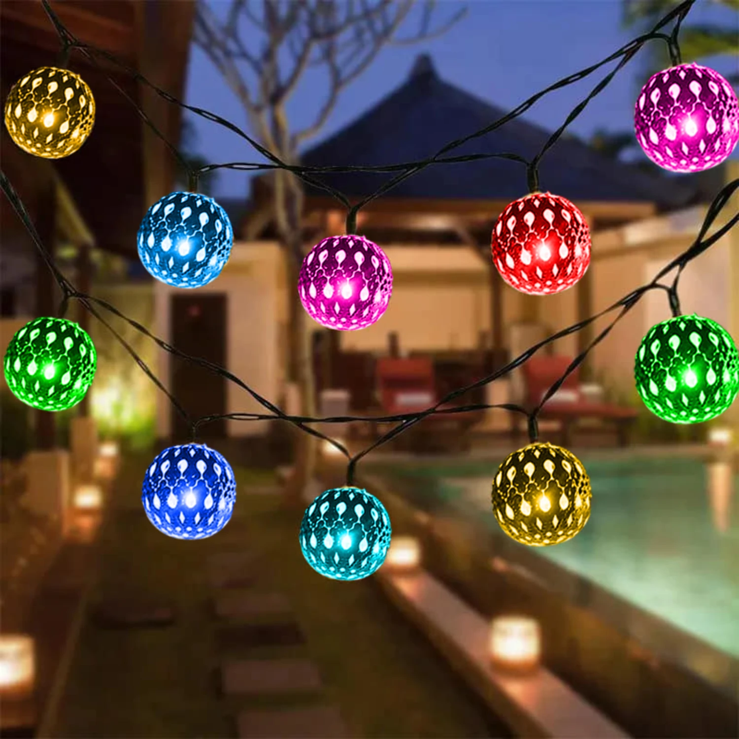 Stylish and Beautiful Moroccan Ball Solar String Lights for Outdoor Garden Yard Decor - Perfect for Wedding Party Birthday - Ele