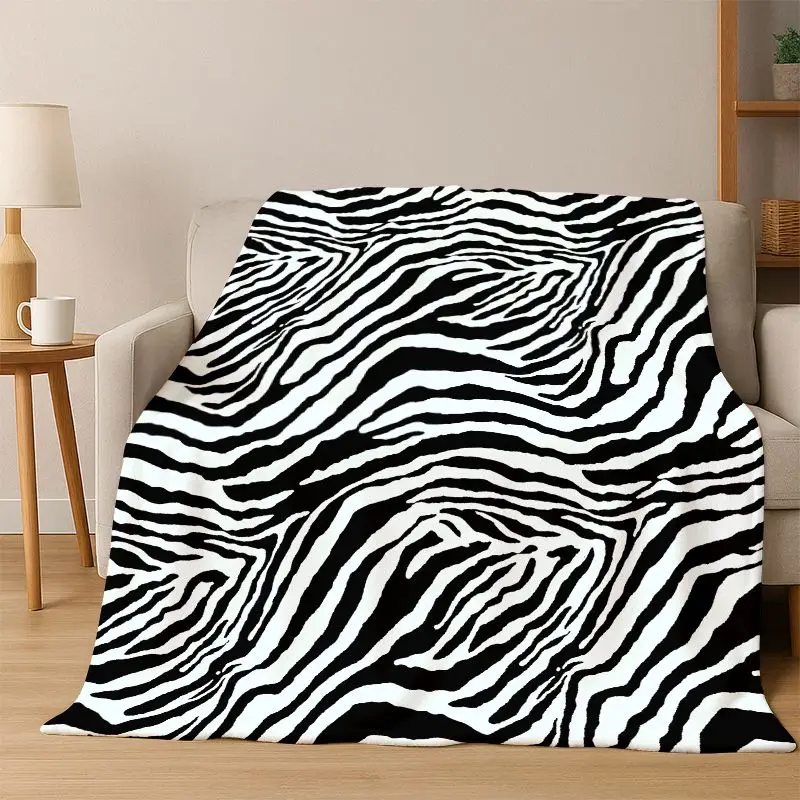 Black White Zebra Stripe Flannel Blanket Soft Warm Blanket Throw Blanket for Bedroom Living Room Bed Travel Camping Picnic Gift