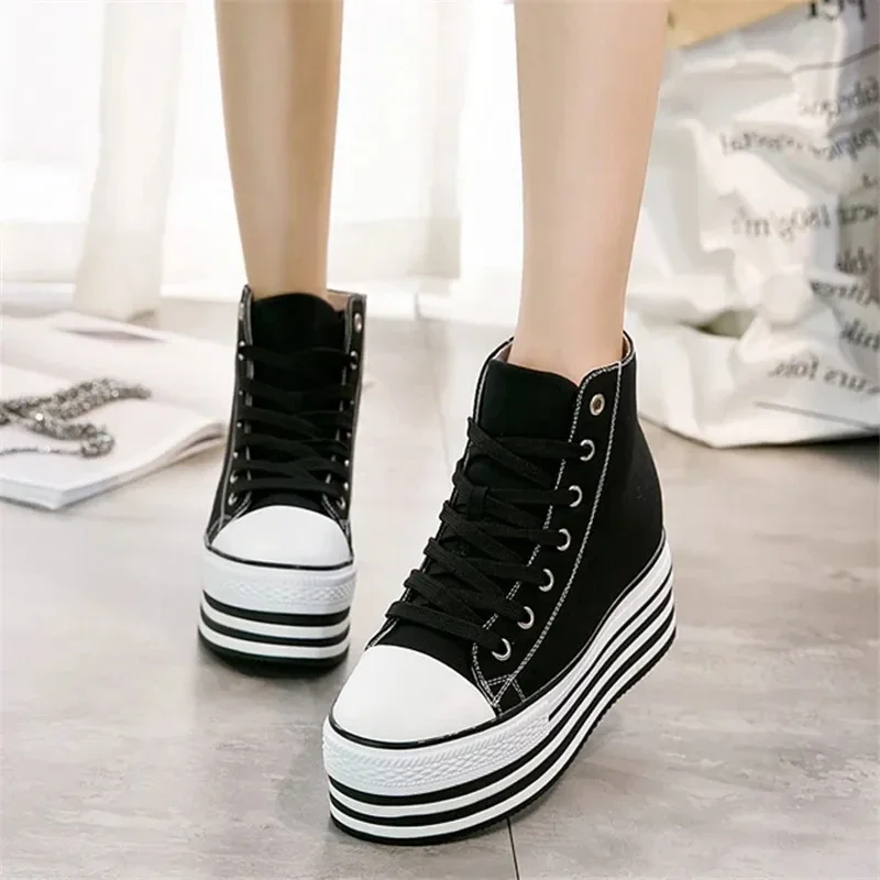 Height Increasing 10cm Wedges White sneakers Casual Canvas Shoes Woman Platform sneakers High Top sneakers Women 2023