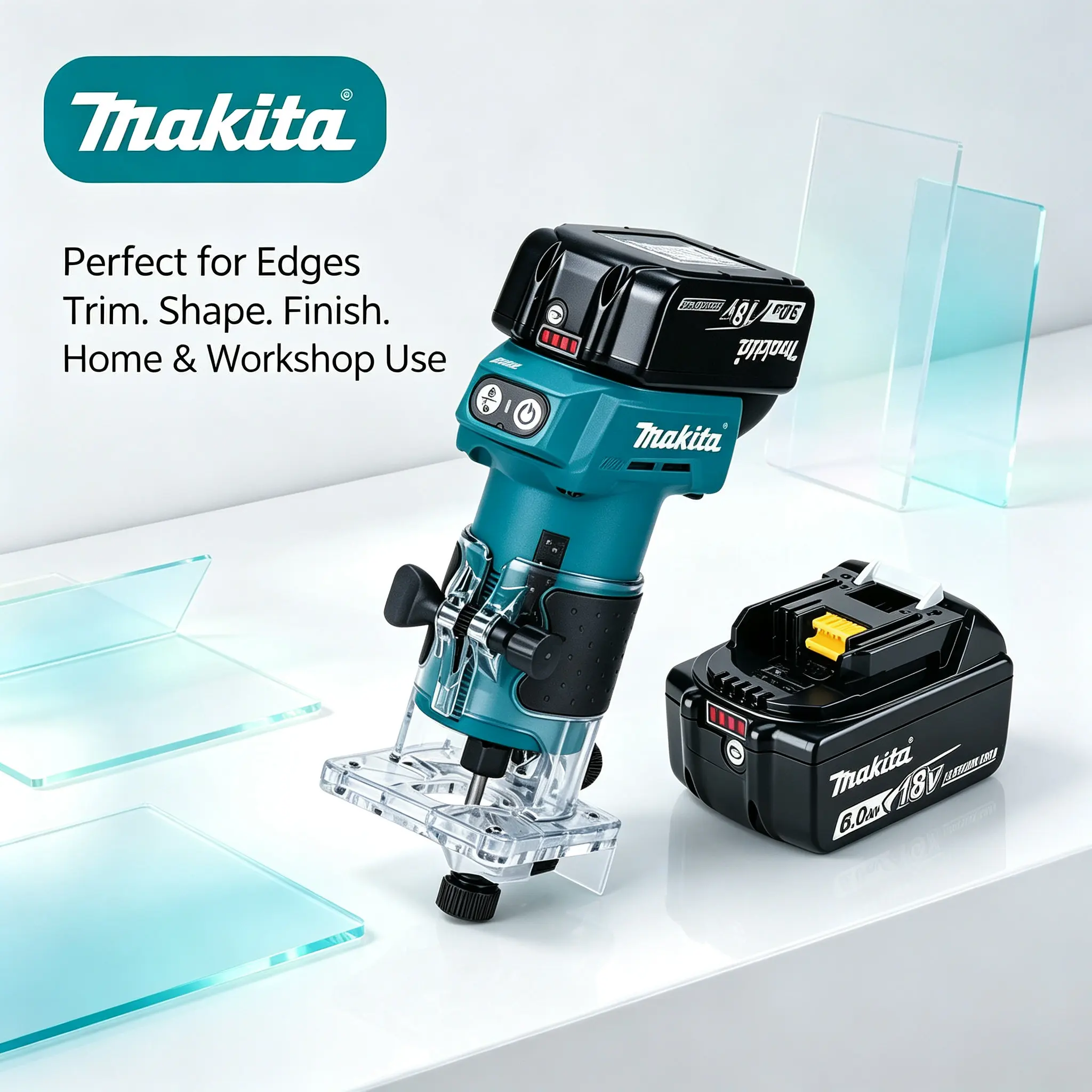 Gut ausbalancierter Makita DRT52 18V LXT Akku-Kompaktfräser Hochpräzises Holzbearbeitungswerkzeug für komplexe Kantenprofilierung, Nutbearbeitung, Schlitzverarbeitung, Renovierungsarbeiten vor Ort und
