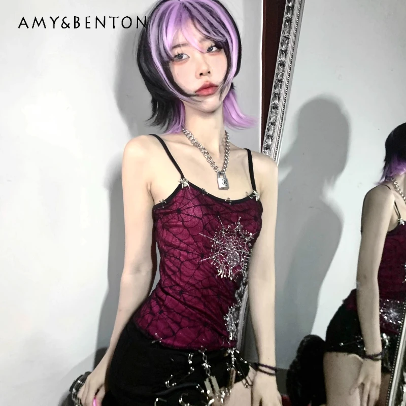 

2025 Summer New Full Diamond Heavy Craft 3D Spider Web Purple Women's Vest Original Design Gothic Dark Sexy Lace Sling Ladies