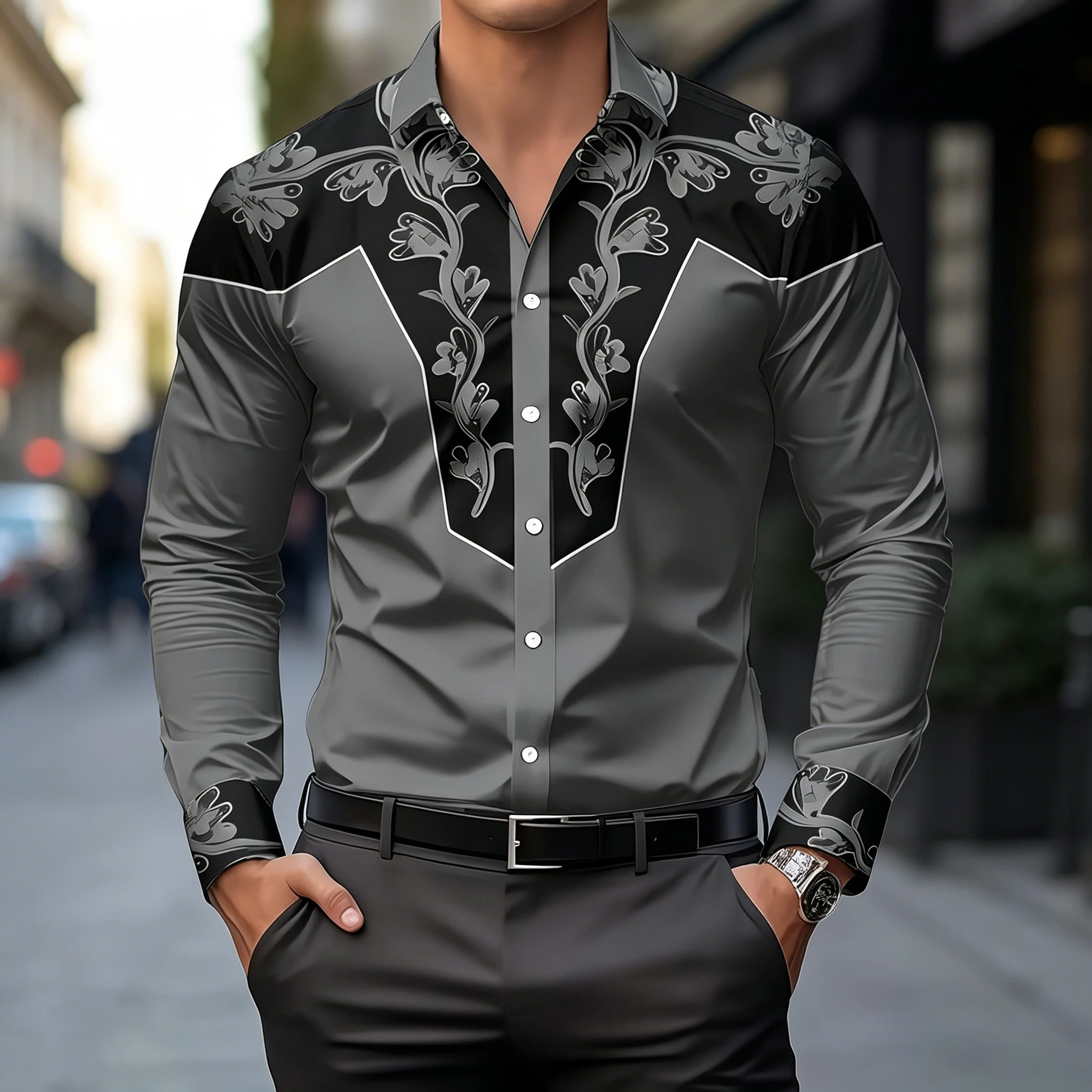 Men's collared slim-fit long-sleeved shirt, retro vine floral print shirt, business casual Western style cardigan top.