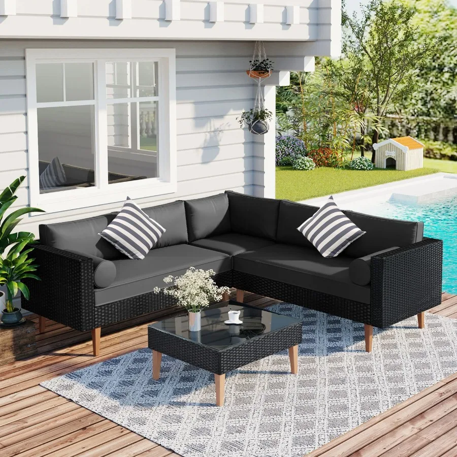 

GO 4pieces Outdoor Wicker Sofa Set Patio Furniture with Colorful Pillows Lshape sofa set Gray cushions and Black Rattan