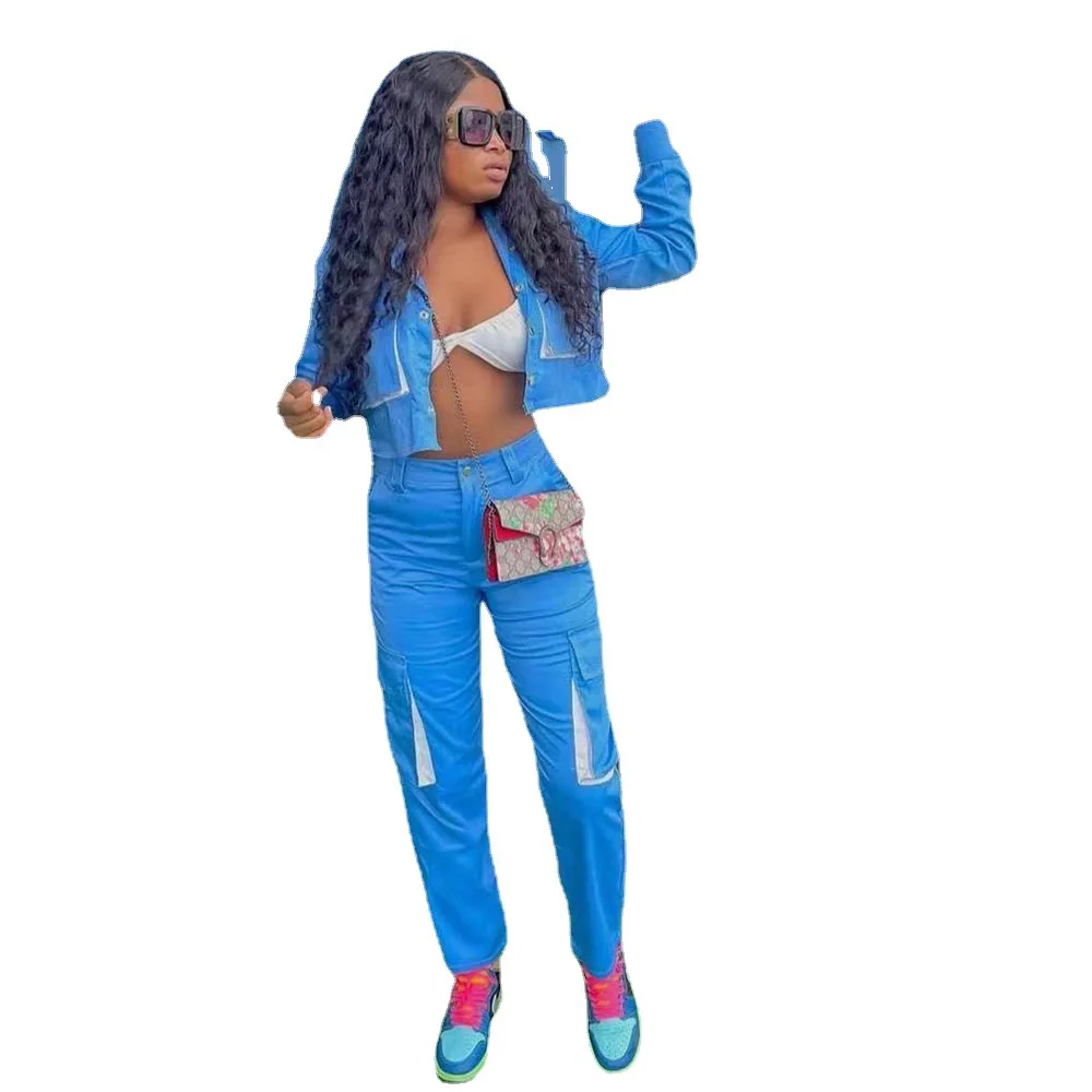 

African Clothes for Women Denim Two Piece Set Women Tracksuit Casual Clothes Long Sleeve Top Outfits Elegant Office Ladies Suits