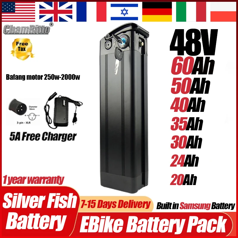 Ebike 48v 36v 52v 60v SilverFish E Bike 72v 50ah Электрический велосипед 20ah 25ah 30AH 40ah 60ah Shark Akku Accu De Litio 2000W Аккумулятор