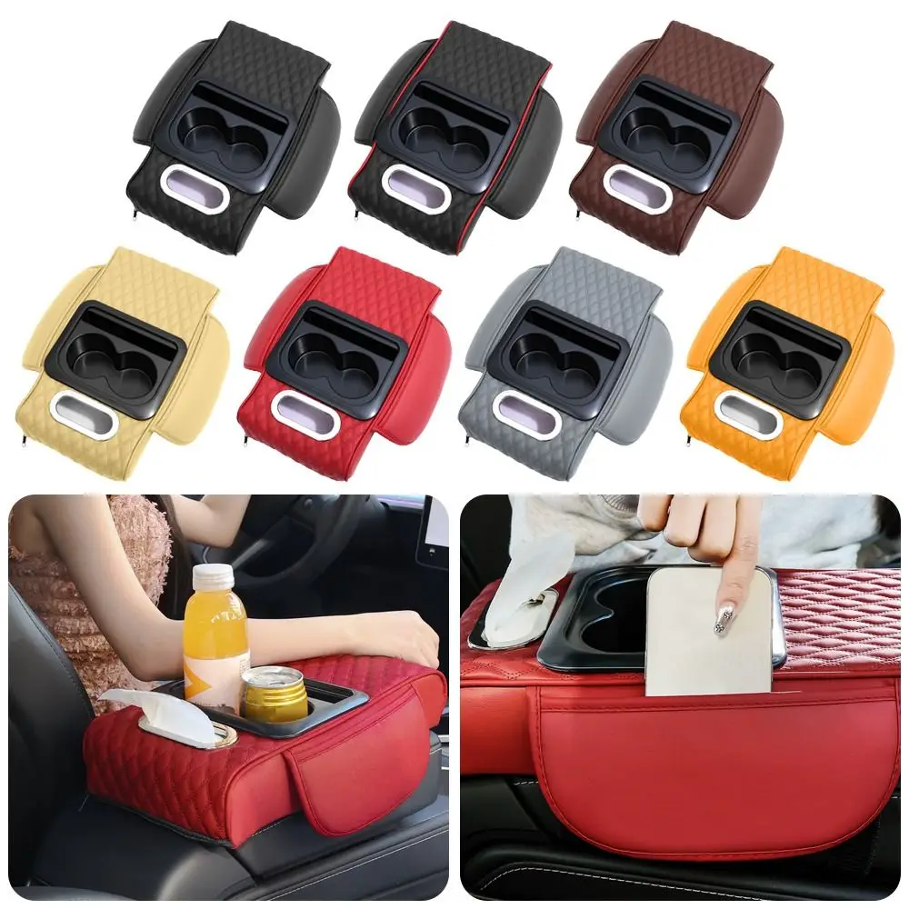 Draagbaar armleuningkussen middenconsole Multifunctioneel PU-leer auto-armleuningkussen met bekerhouder Tissue Box