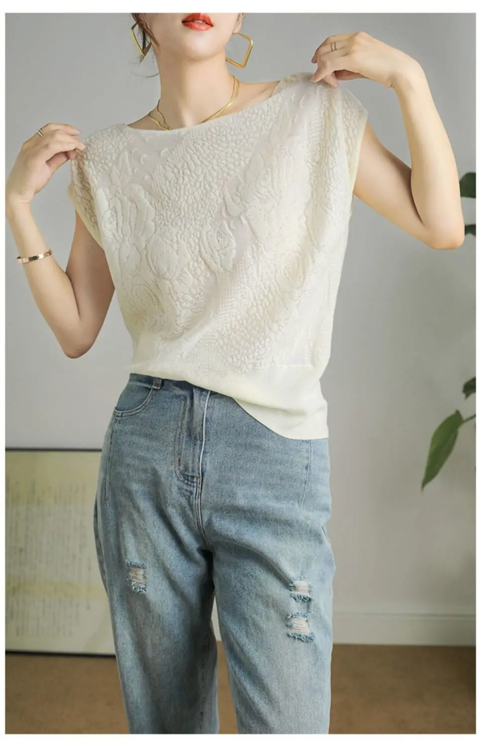 ฤดูร้อนผู้หญิงแขนสั้น Hollow Out Femaleice ผ้าไหมถักใหม่สบายๆ Topsfashion Basic Solid เสื้อผ้า Z283