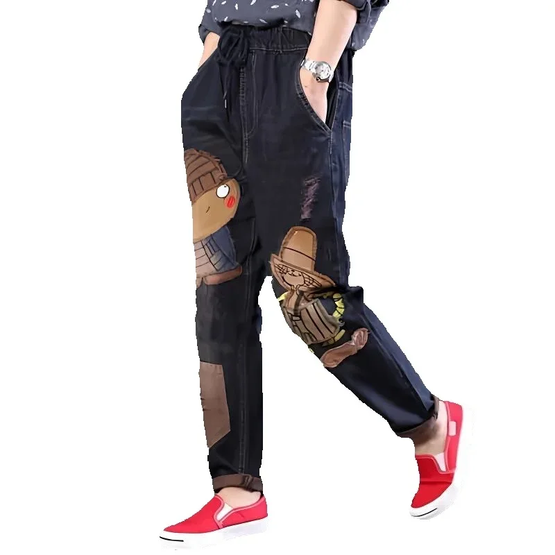 

Осень-зима плюс бархатные джинсы женские 2025 новые модные свободные повседневные шаровары с нашивкой на эластичной резинке на талии женские брюки