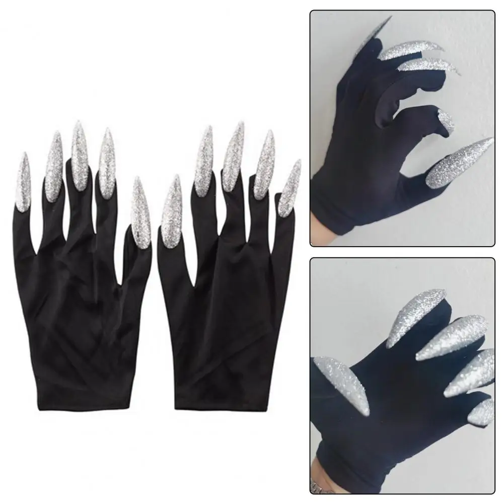 1 Pair Spooky Halloween Witch Gloves with Red Glitter Nail ,Halloween Long Nail Gloves, Props,Cosplay Costume Accessories