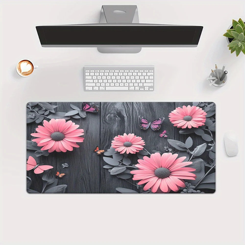 Pink Daisy Butterfly Black Wood Desk Mat Large Non-Slip Rubber Base Gaming Office Mouse Pad