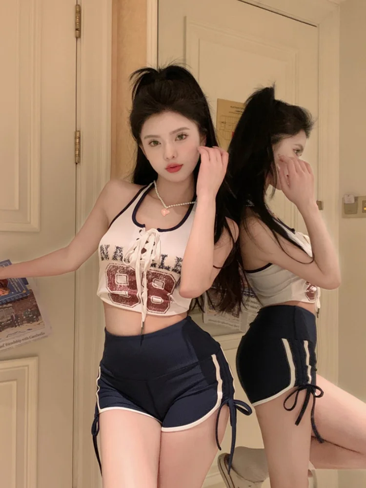 

Fall Season Color Blo Printed Letter Ne Strap Vest Women's Casual Sle Two-Piece Set Dstring ort Pants Outfit