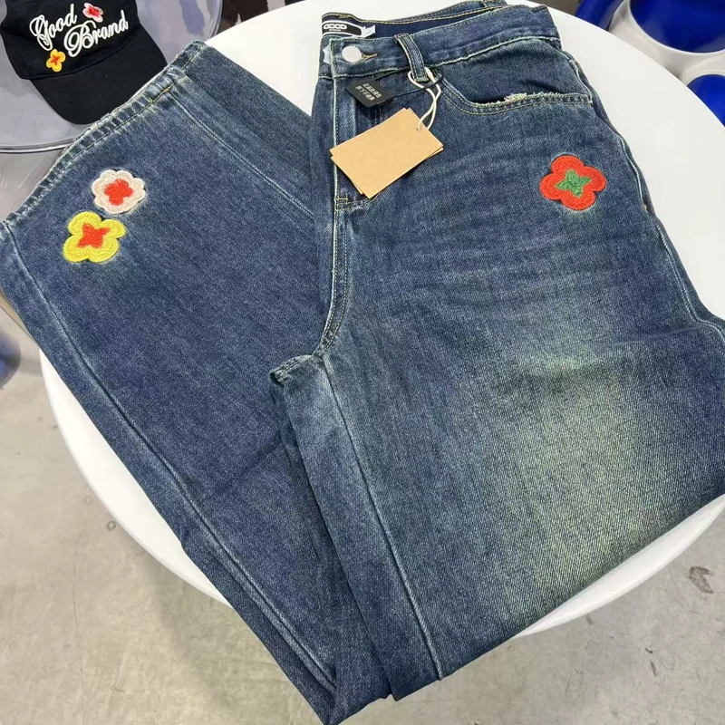 25ss azul escuro neutro all-match goodbrand jeans de perna reta flor bordado estilo unissex casual bom calças