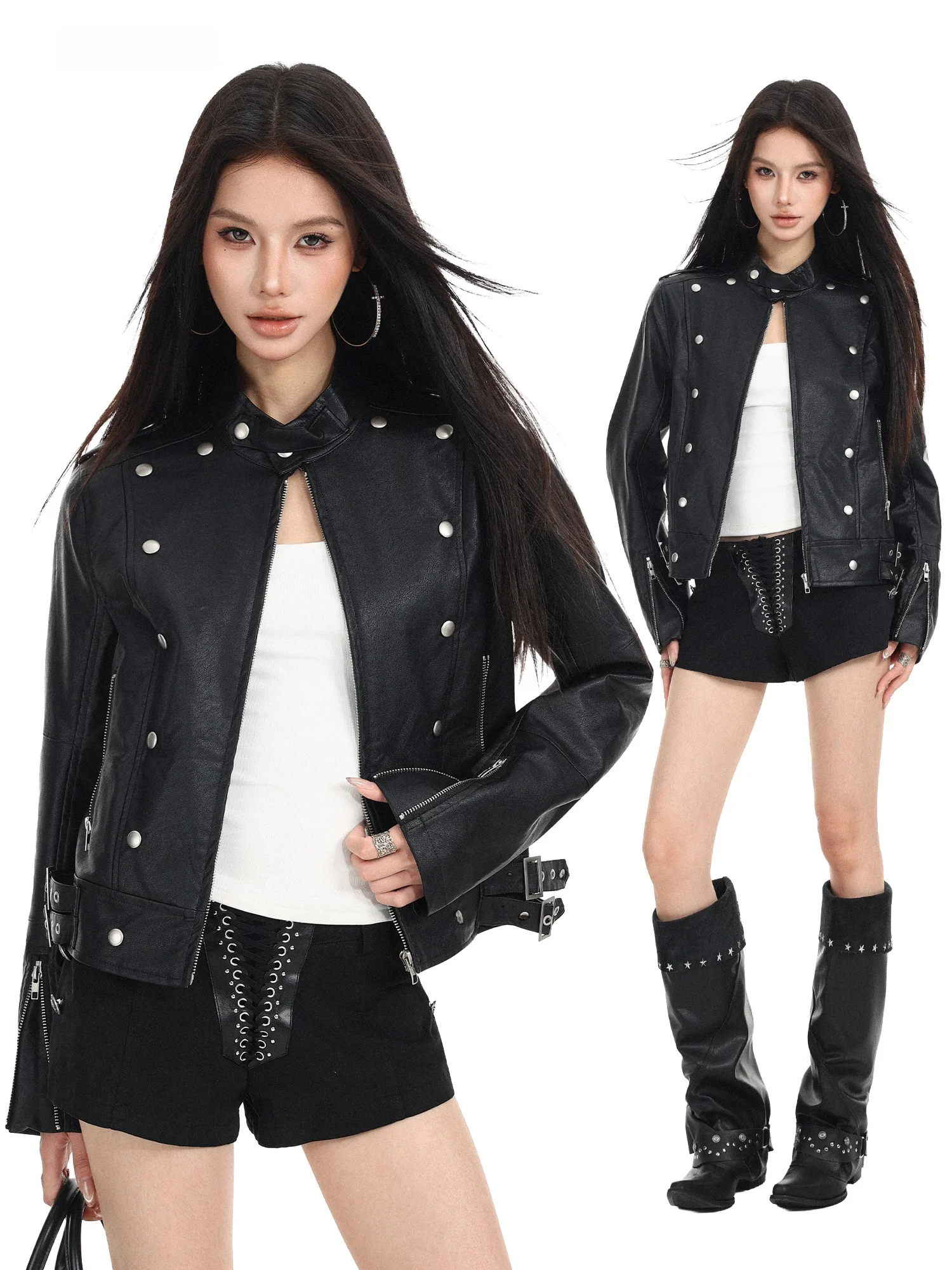 Heavy Duty Rivet Short Fit Leather Jacket Women's Cool Stylish Motorcycle PU Leather Jacket Stand Collar Zipper Sleeve Long