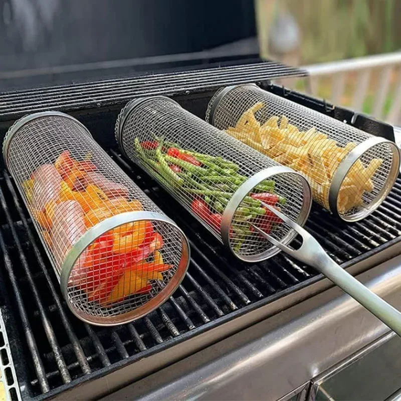 New Rolling Grilling Bbq Basket Stainless Steel Leakproof Mesh Barbecue Rack Outdoor Picnic Camping Simple Cylindrical Bbq Grill