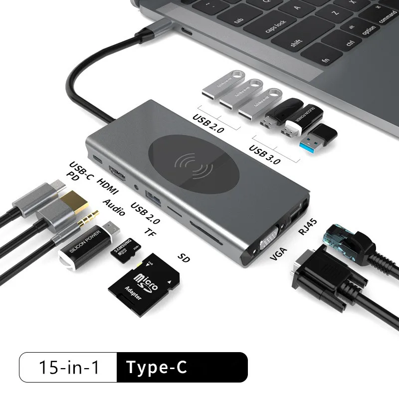 

Type-C docking station wireless charging USB hub multifunctional docking station all-in-one Splitter Converter Plug and Play