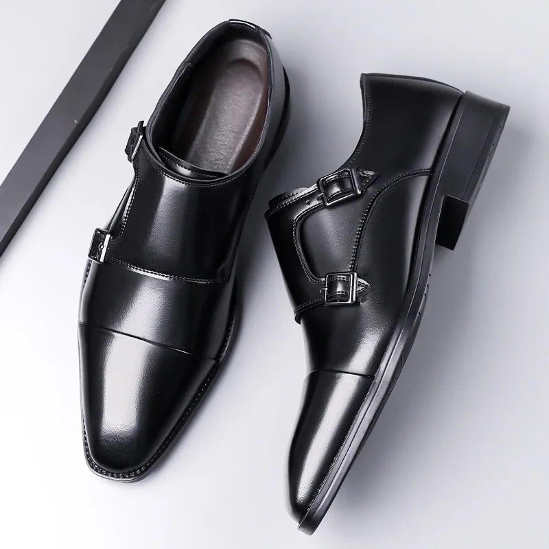 Men's Dress Shoes Size 39-46 Genuine Leather Double Buckle Monk Strap Snake Print Cap Toe Classic Italian Style