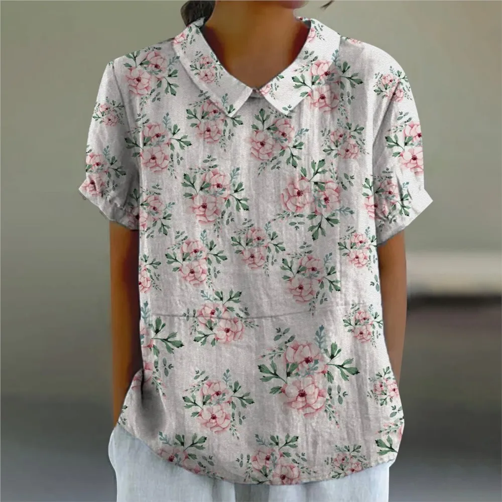 Summer New Printed Short-sleeved O Neck Shirt T Shirt Women Blouse Casual Loose Retro Female Everything With Cotton Linen Blouse