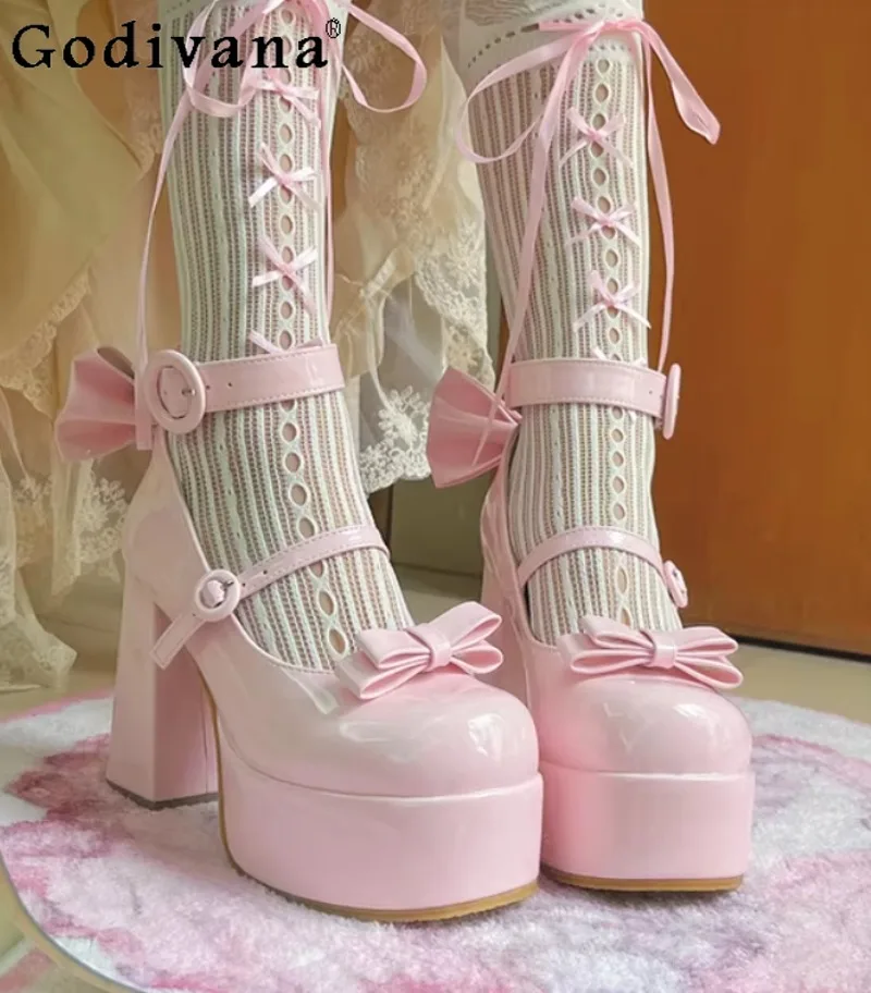 

Sweet Cute Comfortable Chunky Platform Pumps Bowknot Leather Heel Students Waterproof Platform Summer Heels Girls Single Shoes