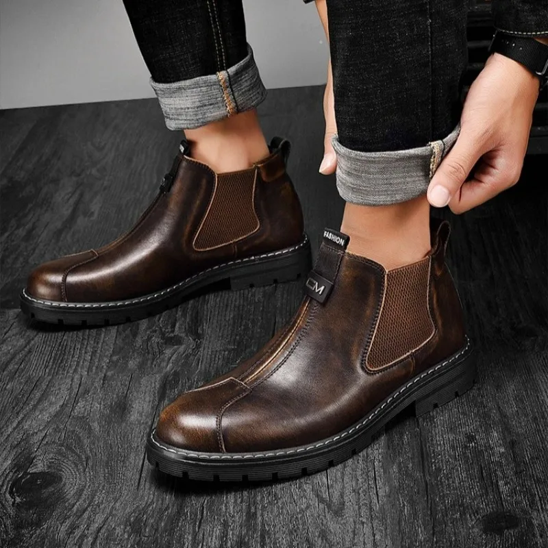 رجل عالية الجودة الأحذية الجلدية حذاء من الجلد للرجل جديد أحذية مصممين الرجال دراجة نارية التمهيد موضة أحذية تشيلسي عادية بوتاس Hombre #5