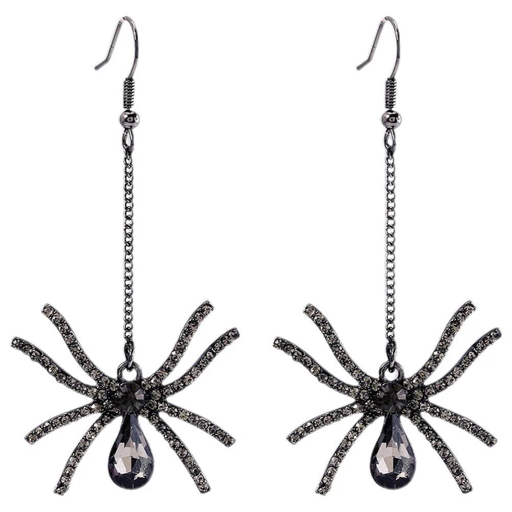 Halloween Earrings for Women Dark Old Retro Long Exaggerated Spider ( Black) Trendy Glass Drill Pretty Hook Miss