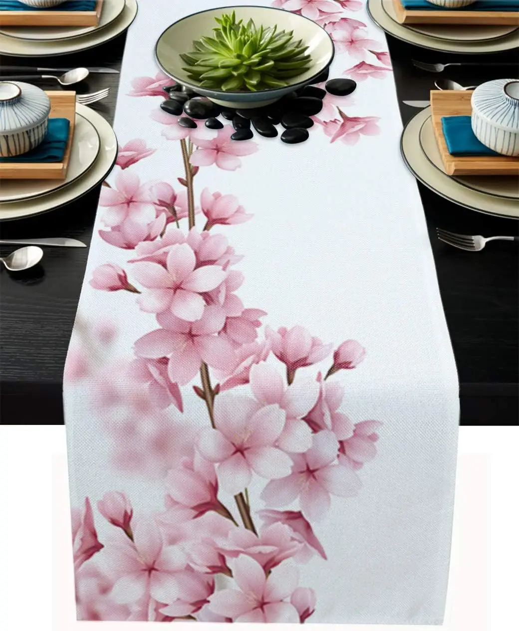 Spring Cherry Blossoms Blooming Rectangle Linen Table Runner Pink Flower Dresser Scarves Table Runner Dining Wedding Party Decor