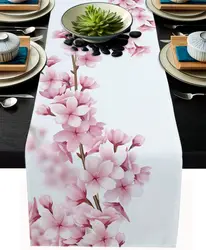 Spring Cherry Blossoms Blooming Rectangle Linen Table Runner Pink Flower Dresser Scarves Table Runner Dining Wedding Party Decor