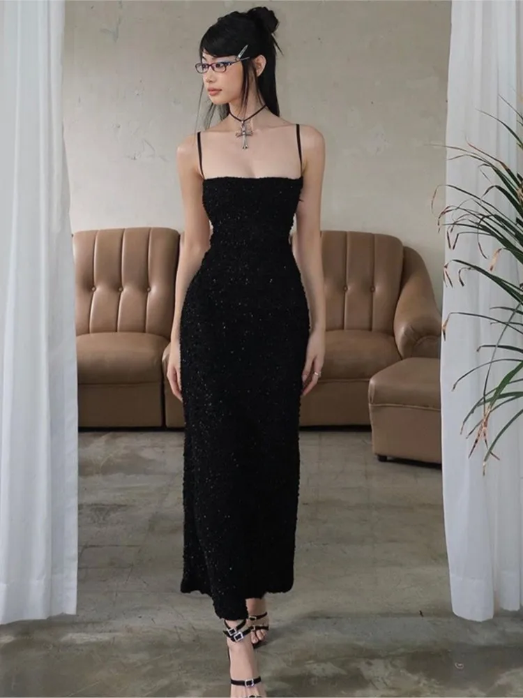 

Dresses2025 Woman Sexy Backless Thin Flash Hollow Dress Spaghetti Strap Slim Trendy Simple Style Holiday Sleeveless Off Shoulder