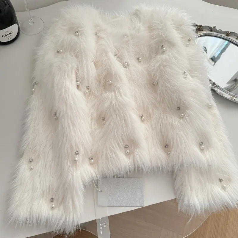 

Экологичный кардиган из искусственного молочного меха, плотный вязаный кардиган, зимний белый пушистый кардиган, женские пушистые свитера с жемчужными пуговицами и бриллиантами