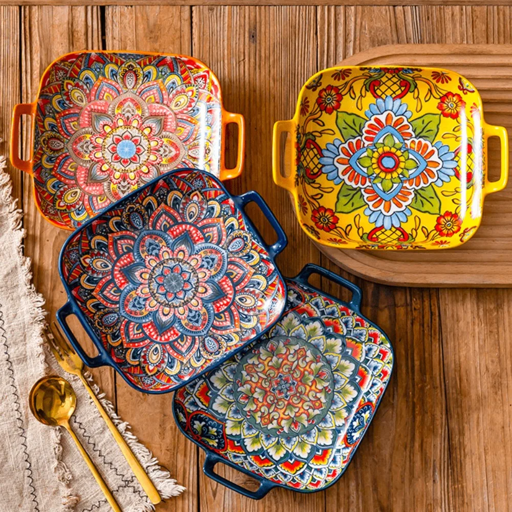 Dinnerware Binaural Handle Bohemian Ceramic Plate Square Retro Salad Dish Colorful Fruit Plate Microwave
