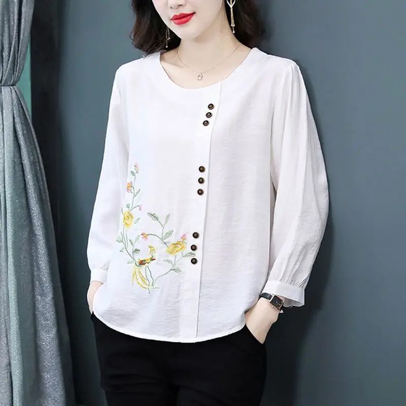 Fashion O-Neck Button Spliced Vintage Embroidery Blouses Women Clothing 2024 Autumn New Loose All-match Tops Office Lady Shirts