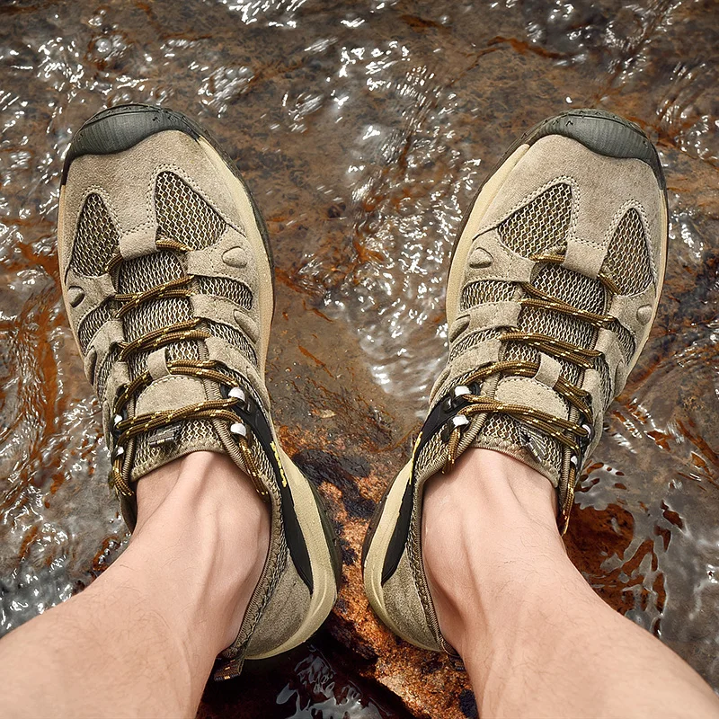 Wiosenne letnie skórzane siatkowe buty trekkingowe na świeżym powietrzu buty turystyczne Walking turystyka Camping Upstream trampki antypoślizgowe