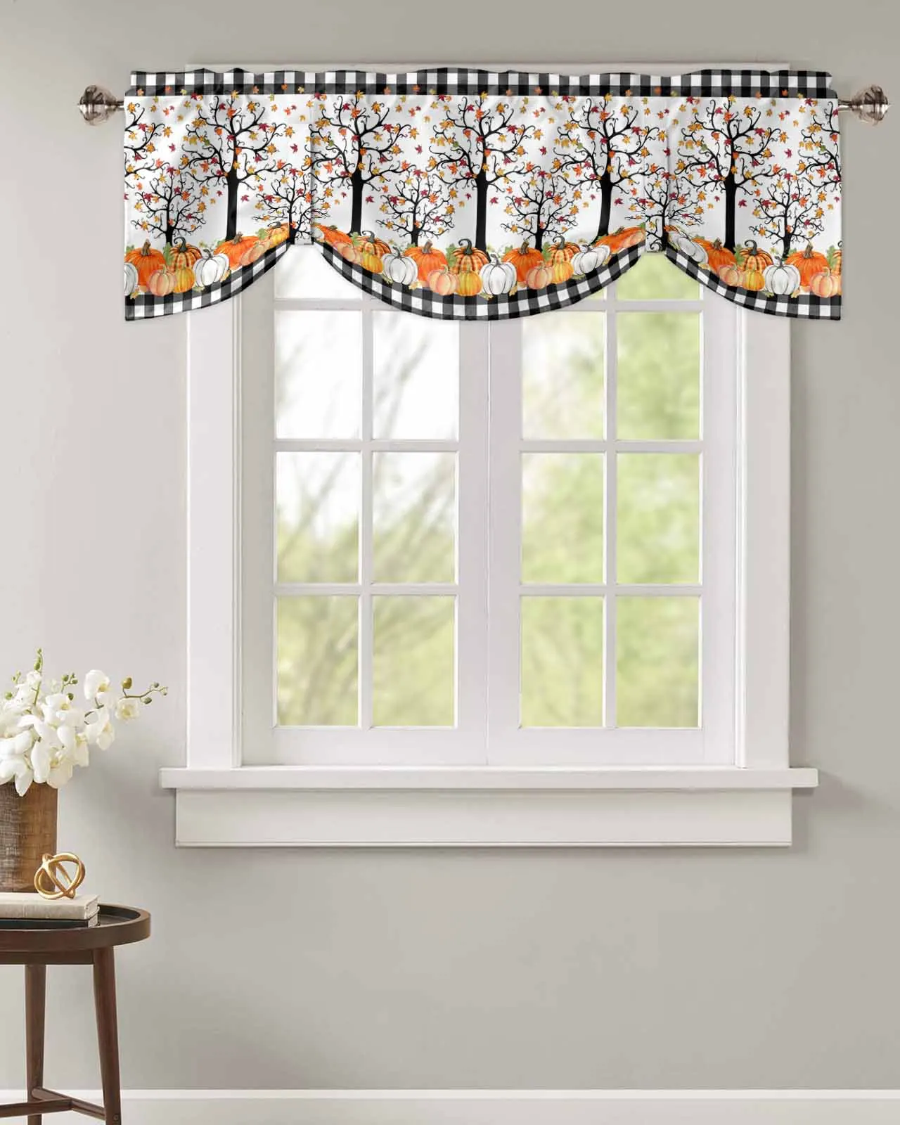 Tree Leaves Pumpkin Lattice Short Window Curtain Adjustable Tie Up Valance for Living Room Kitchen Window Drapes