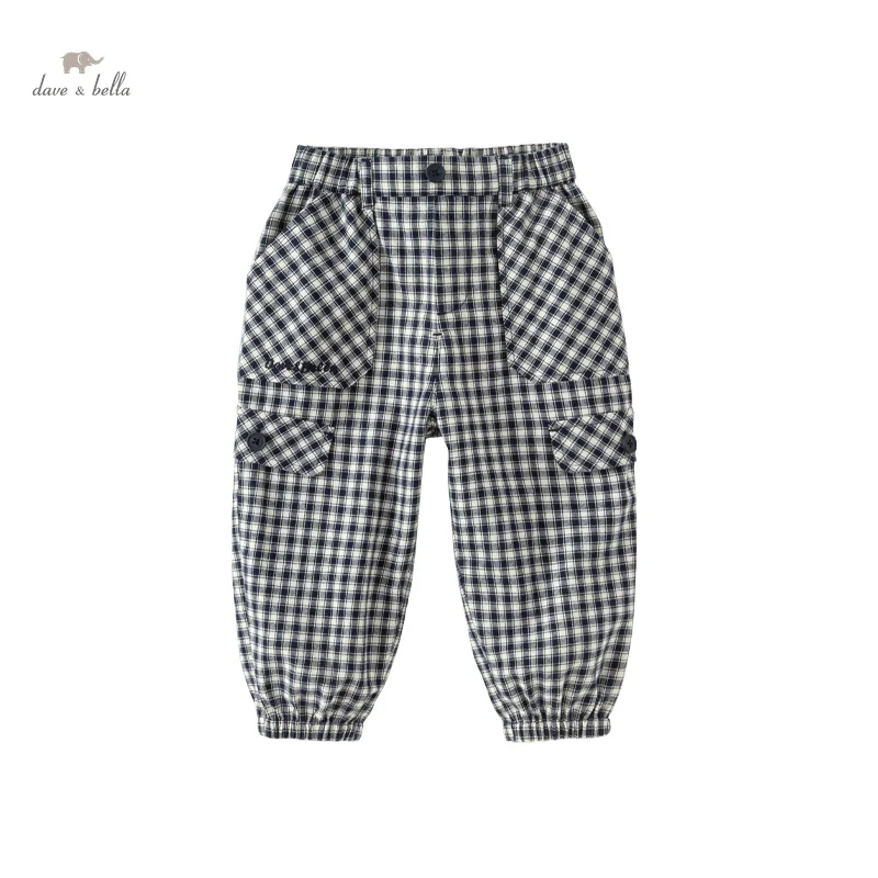 Dave Bella Children's Spring Pants 2024 New Casual Cotton Loose Pants Boys Girls Black White Plaid Children's Pants DB1248338