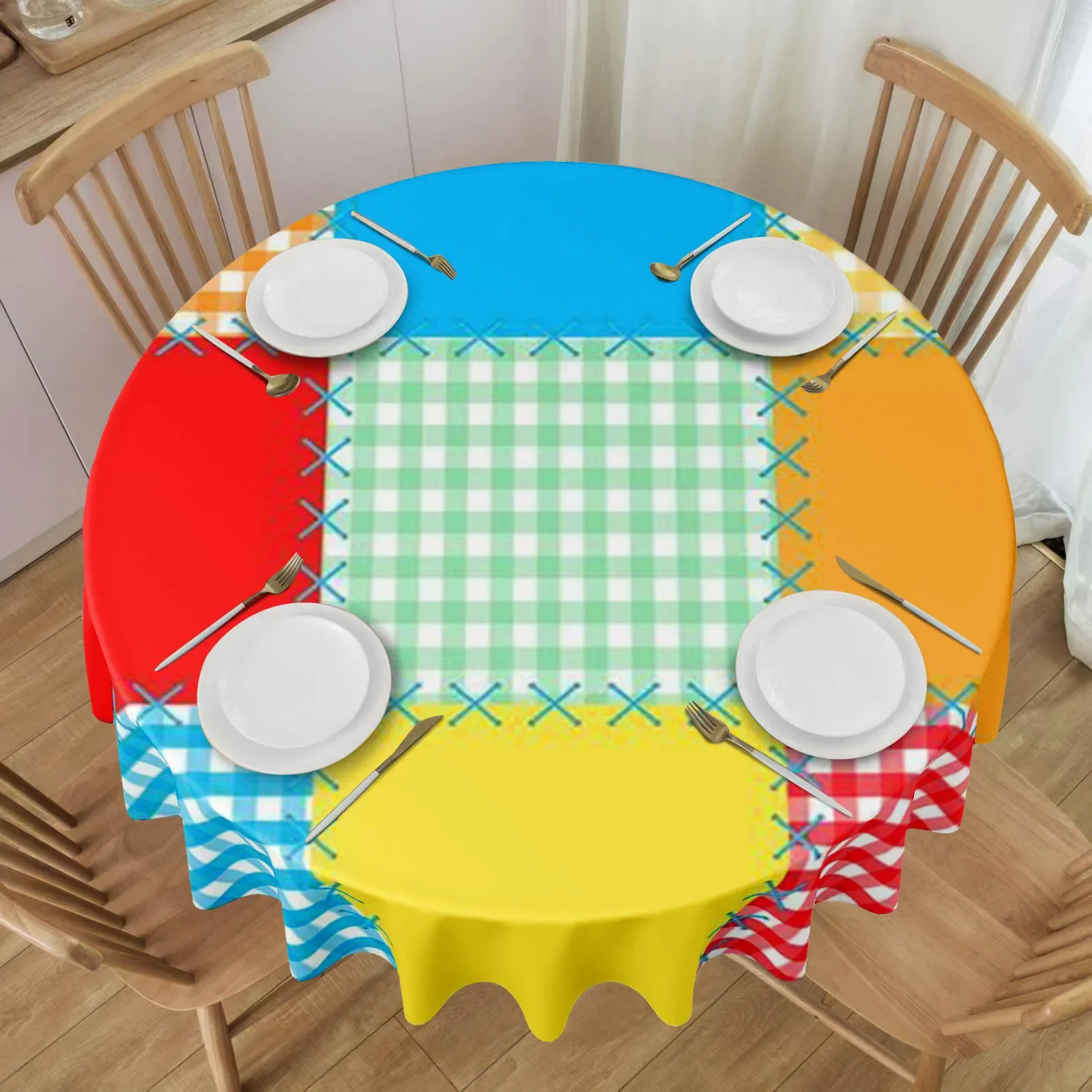 A colorful checkered pattern tablecloth, with different colored checks arranged in an orderly manner.