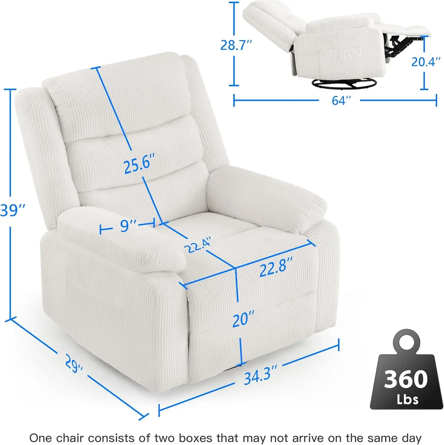 Swivel Rocker Recliner Chair- Oversized Rocking Glider Chair with Electric Massage Heat & USB Ports, Corduroy Reclining Chair