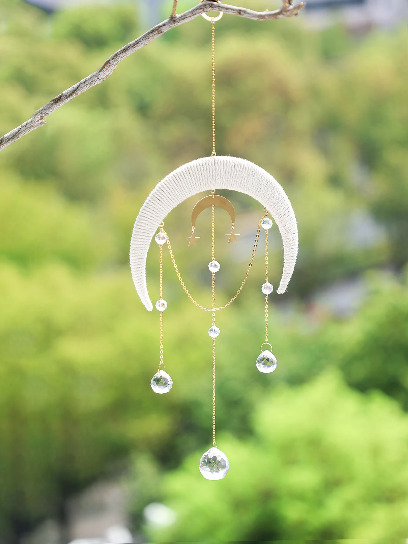 Woven Moon Crystal Wood Decor Dream Catcher Boho Hanging Sun Catcher Nordic Bedroom Living Room Study Decorations Outdoor Decors